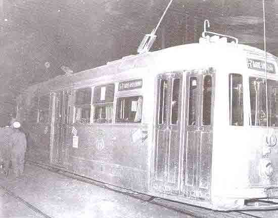 Athens 1952. The big, luxurious yellow tram 3/7, at Patisia terminus. It was assigned by I.E.M. (Electric Transportation Company), to the "Patisia-Ambelokipi" line, because at the time this line was considered extremely important. The trams were run by the "Athens-Piraeus Tramways" company.